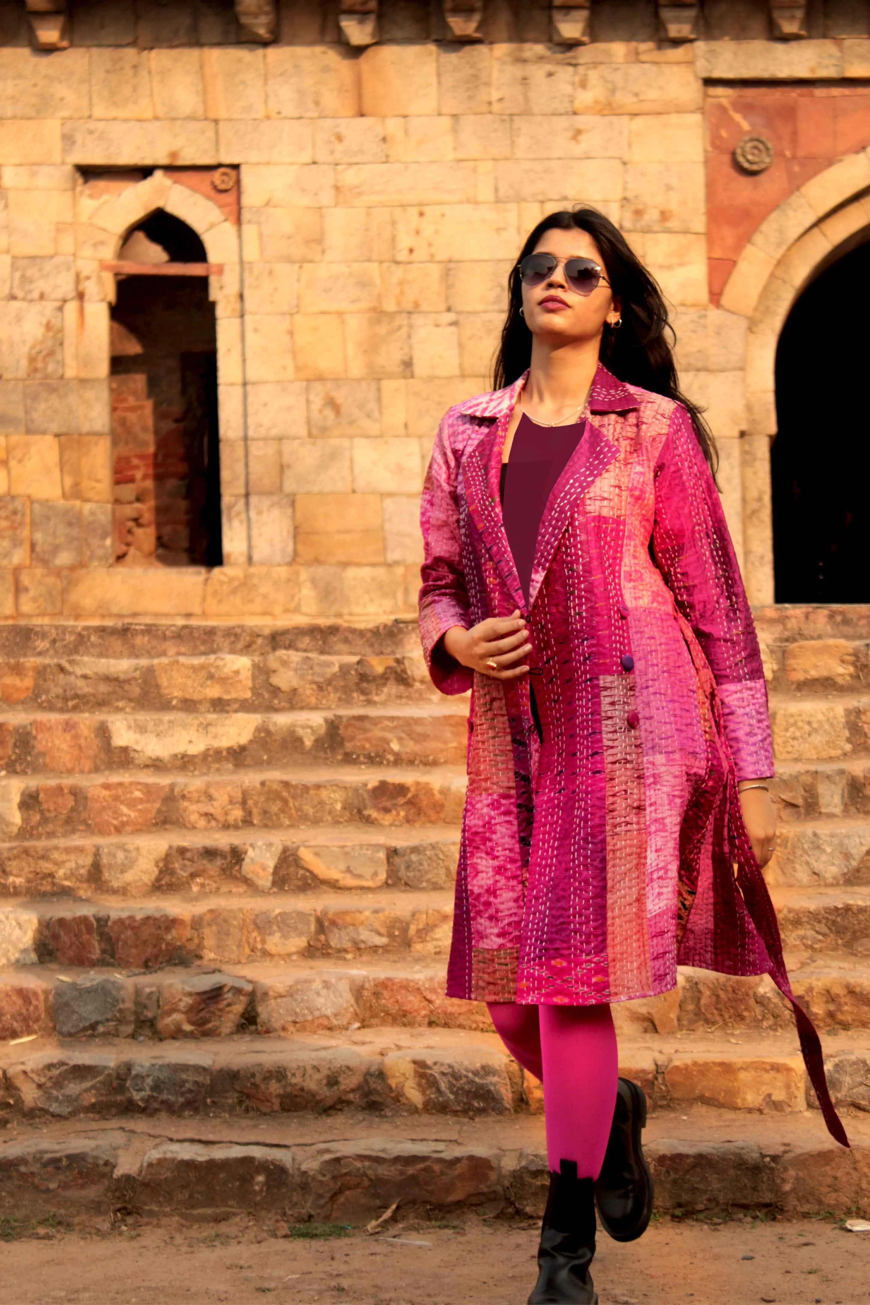 HENNESSY - PARISIAN PINKS PATOLA SILK PATCHWORK KANTHA TRENCH COAT