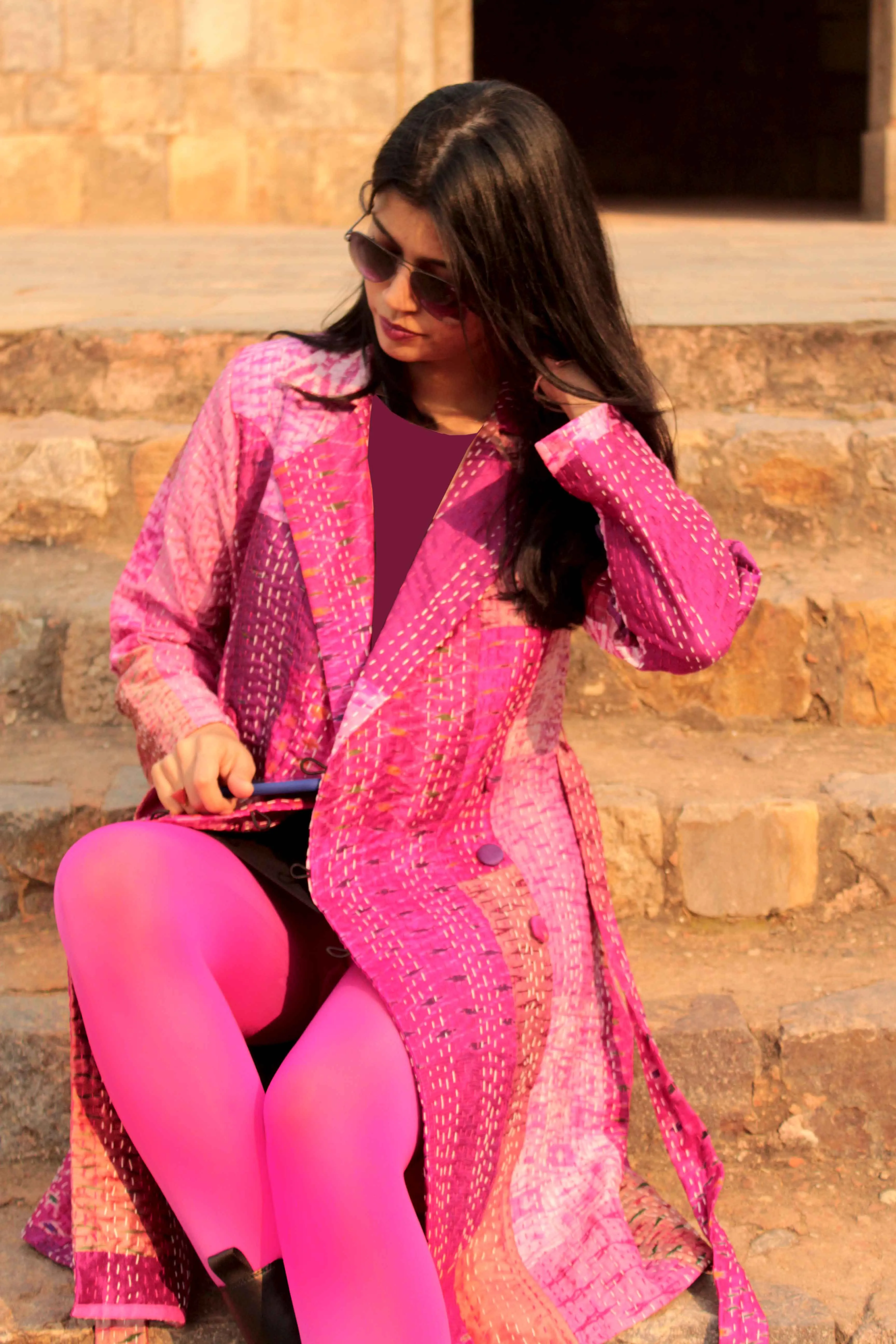 HENNESSY - PARISIAN PINKS PATOLA SILK PATCHWORK KANTHA TRENCH COAT