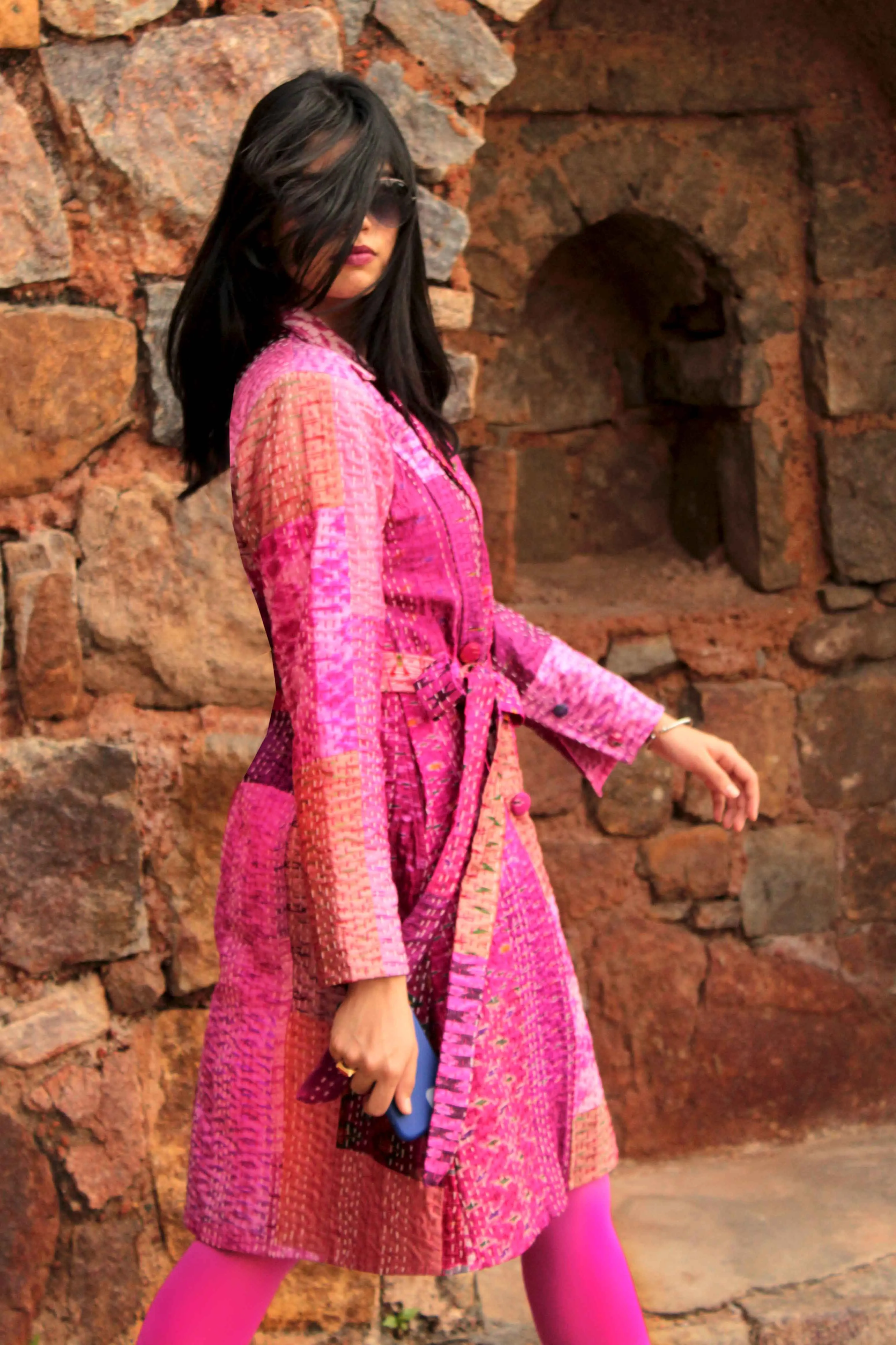 HENNESSY - PARISIAN PINKS PATOLA SILK PATCHWORK KANTHA TRENCH COAT