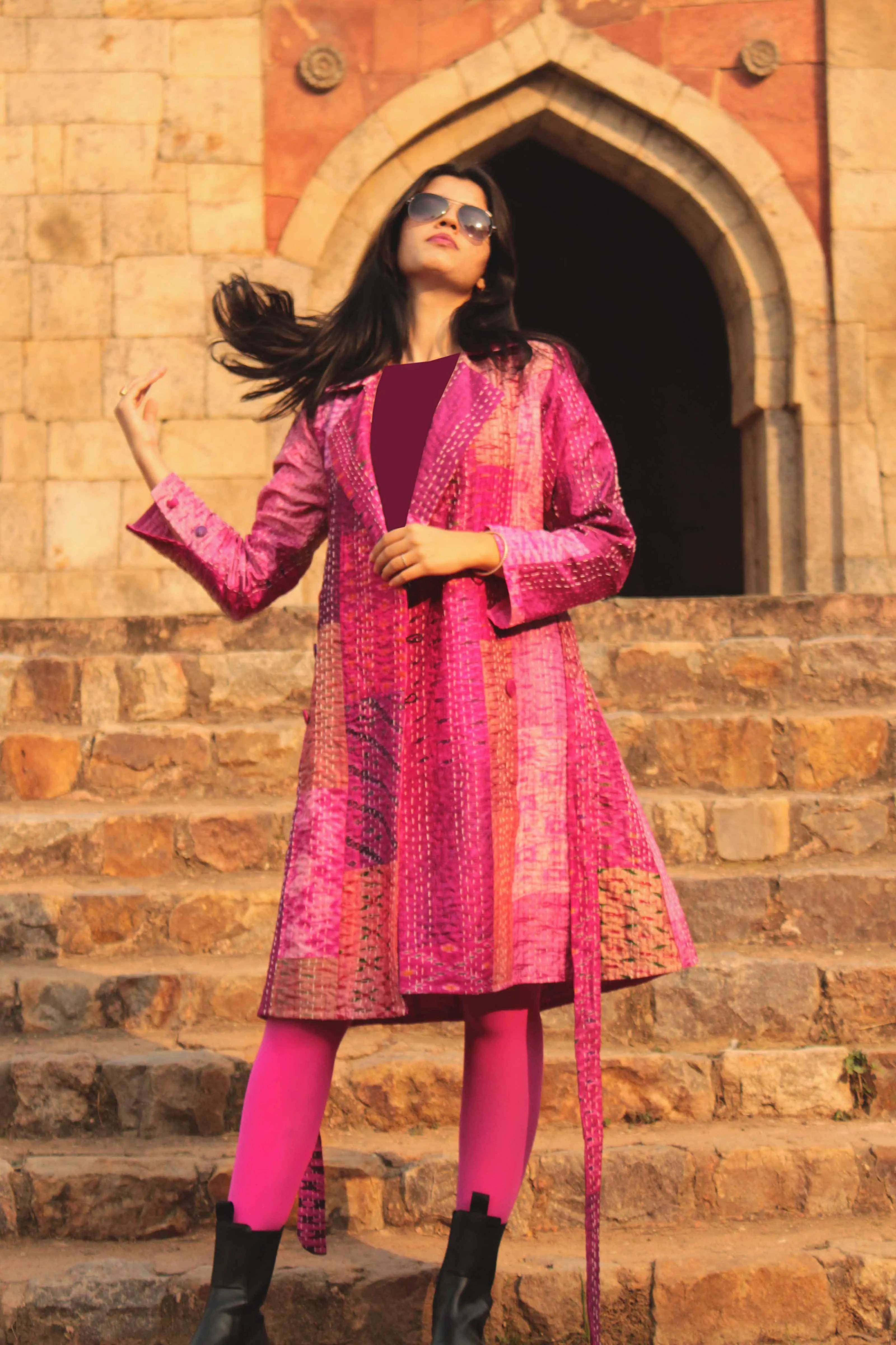 HENNESSY - PARISIAN PINKS PATOLA SILK PATCHWORK KANTHA TRENCH COAT