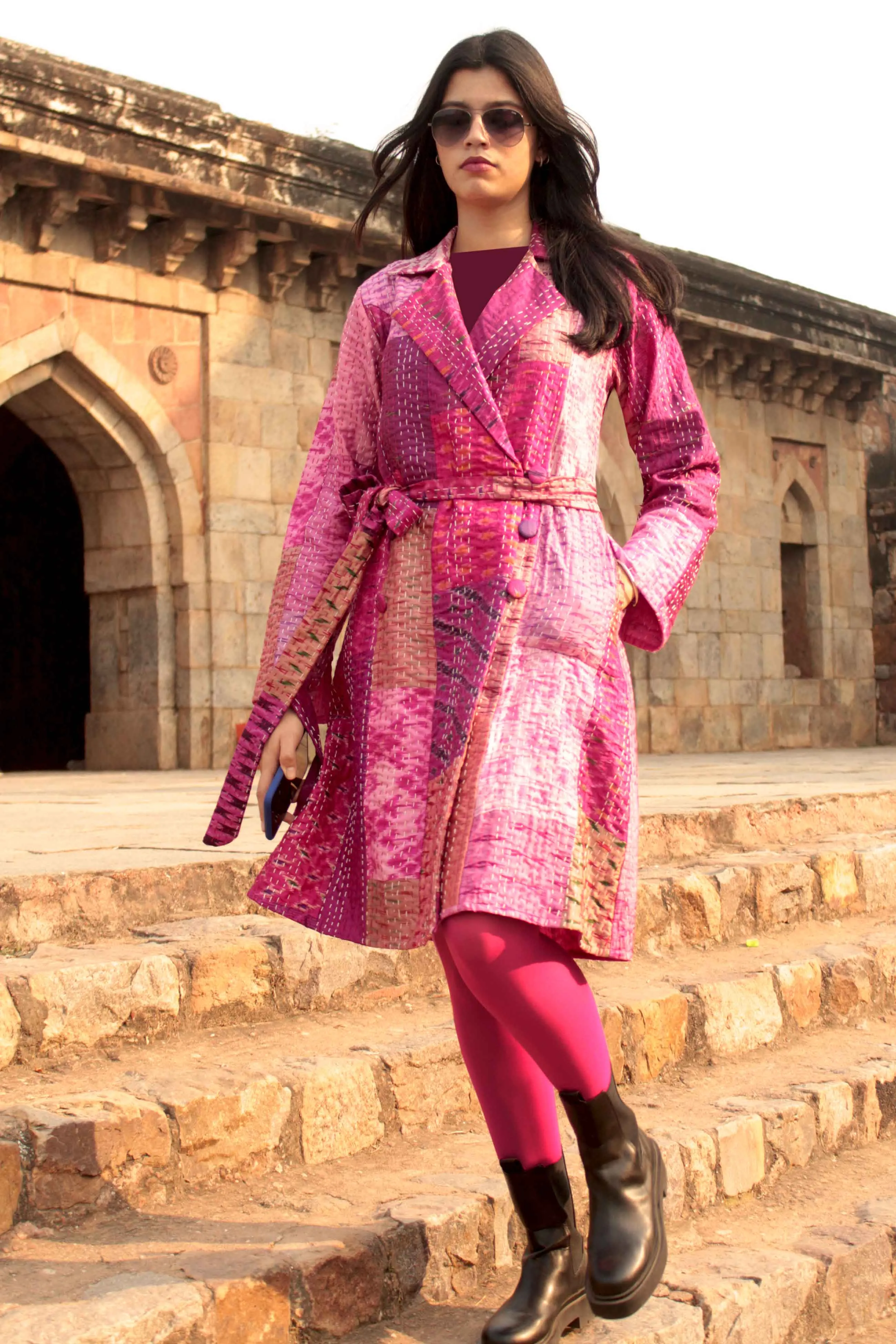 HENNESSY - PARISIAN PINKS PATOLA SILK PATCHWORK KANTHA TRENCH COAT