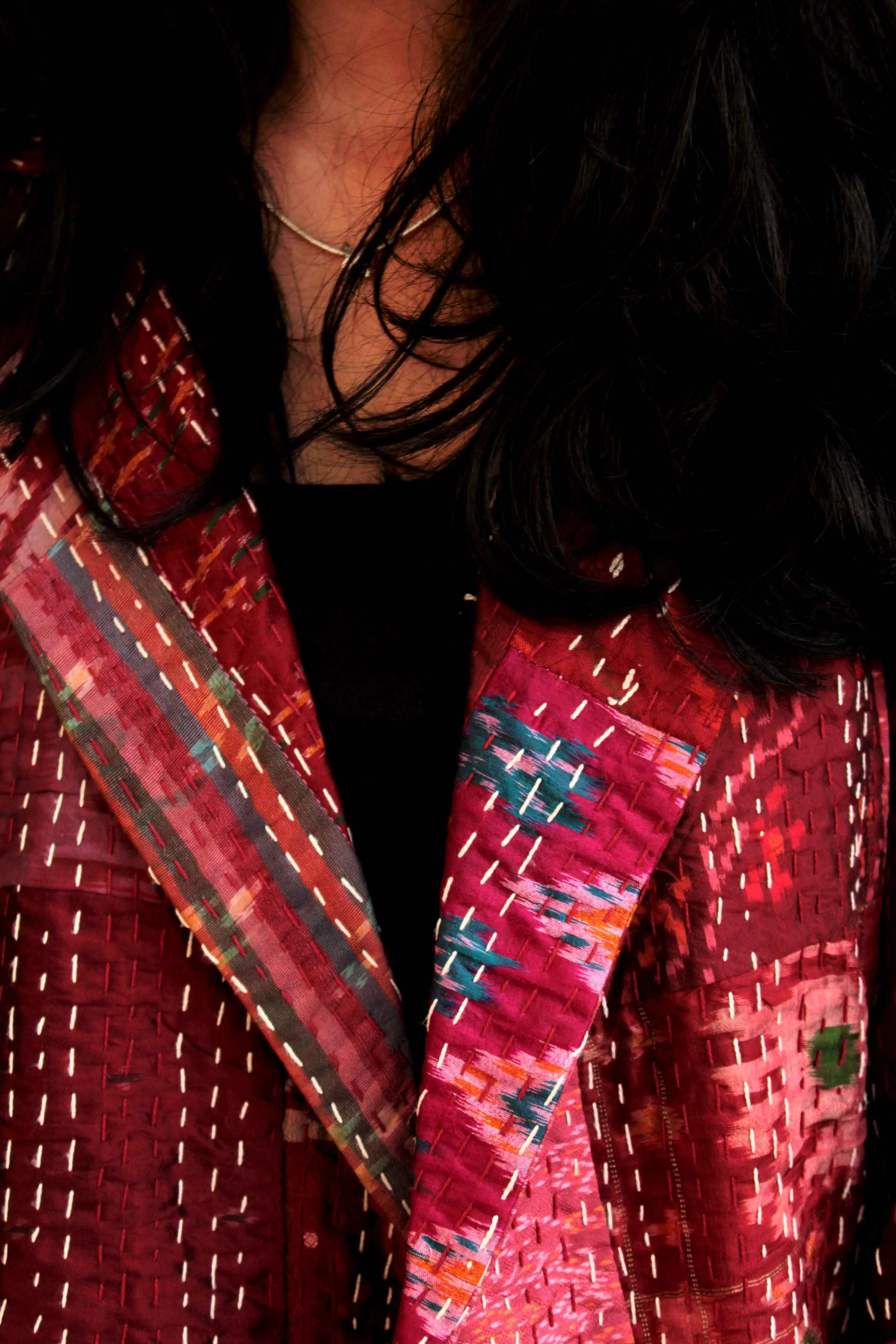 HENNESSY - ROMANTIC ROSETTE PATOLA SILK PATCHWORK KANTHA TRENCH COAT