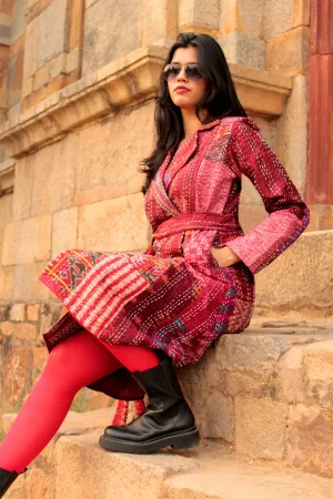 HENNESSY - ROMANTIC ROSETTE PATOLA SILK PATCHWORK KANTHA TRENCH COAT