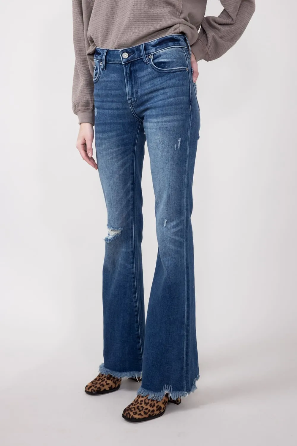 Hidden Mid-Rise Flare Distressed Jeans for Women | HD3274-DK