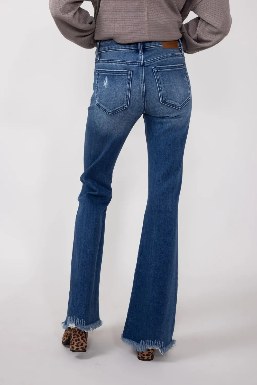Hidden Mid-Rise Flare Distressed Jeans for Women | HD3274-DK