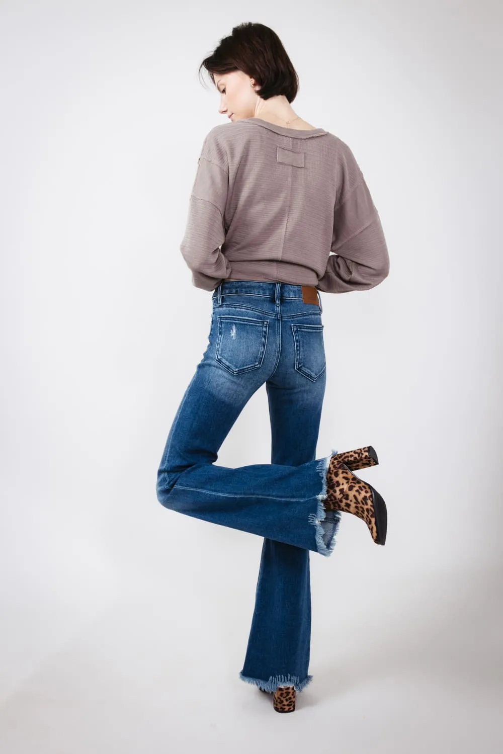 Hidden Mid-Rise Flare Distressed Jeans for Women | HD3274-DK