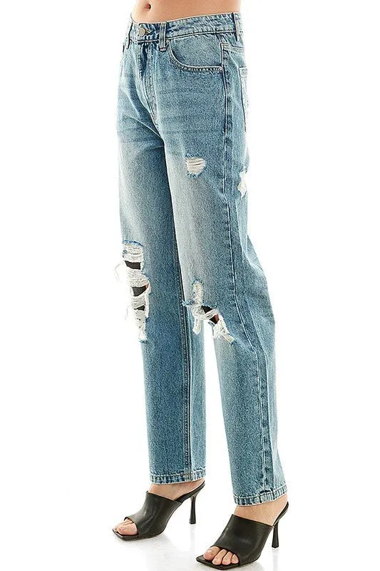 HIGH RISE RIPPED SLIM STRAIGHT JEANS