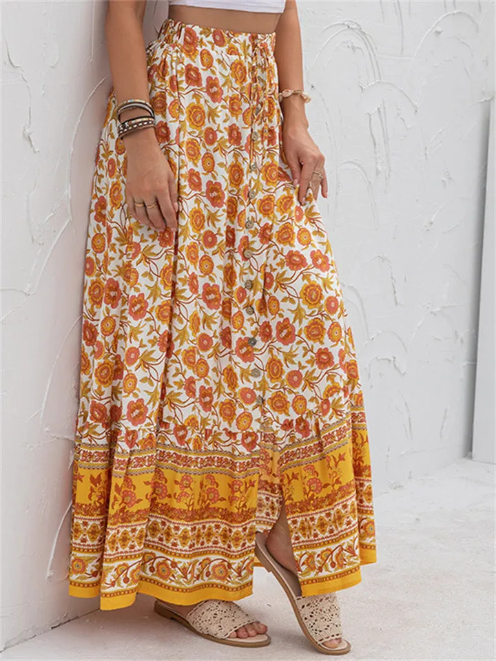 High Waist Casual Printed Split Long Skirts