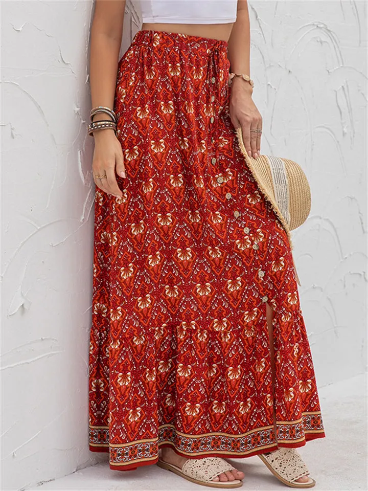 High Waist Casual Printed Split Long Skirts