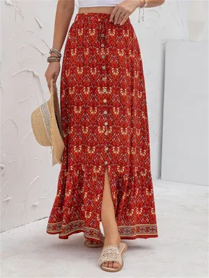 High Waist Casual Printed Split Long Skirts
