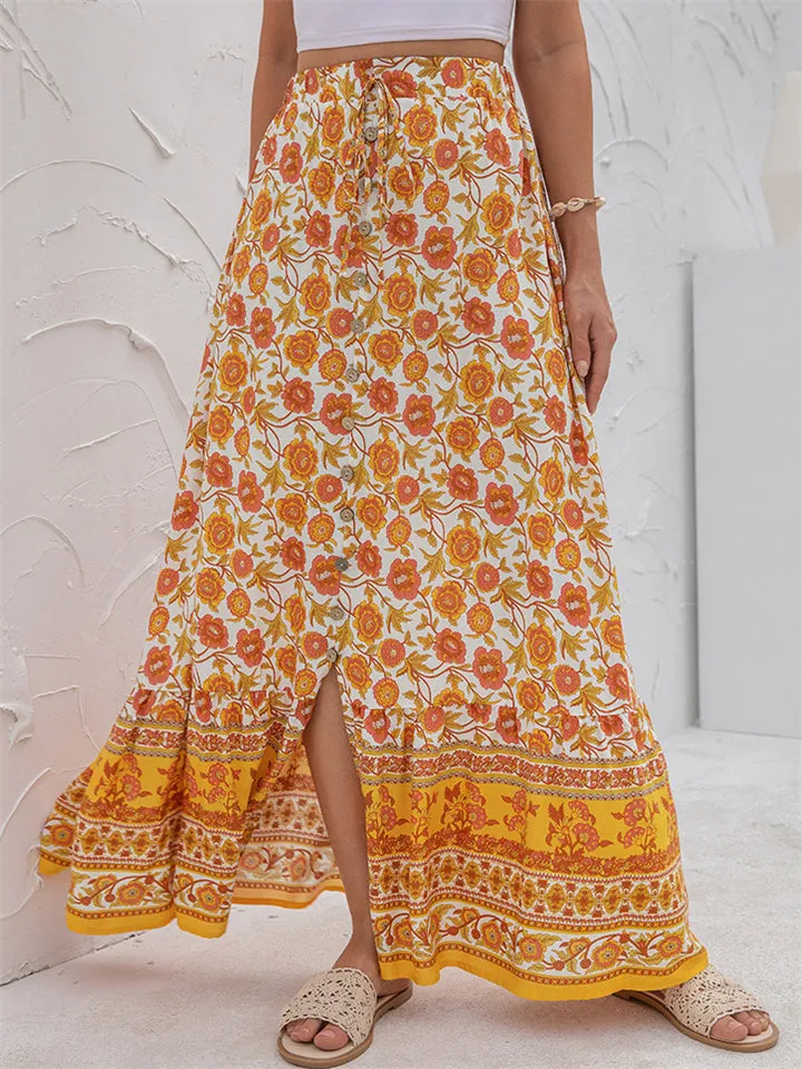 High Waist Casual Printed Split Long Skirts