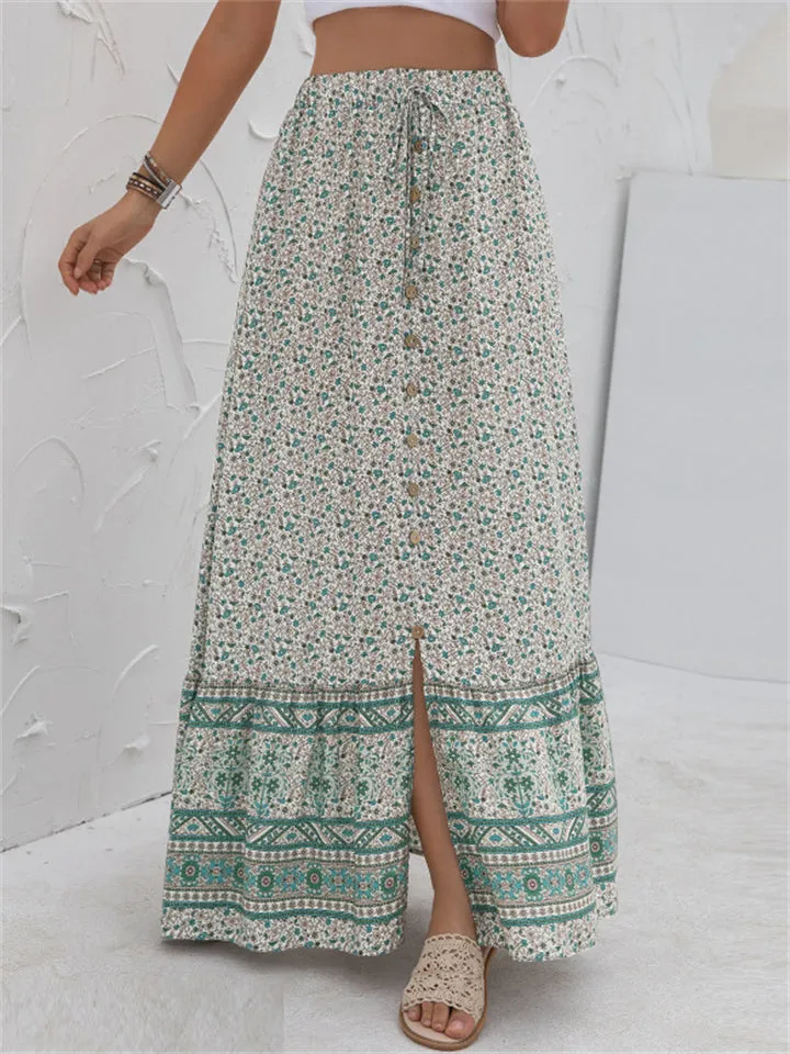 High Waist Casual Printed Split Long Skirts