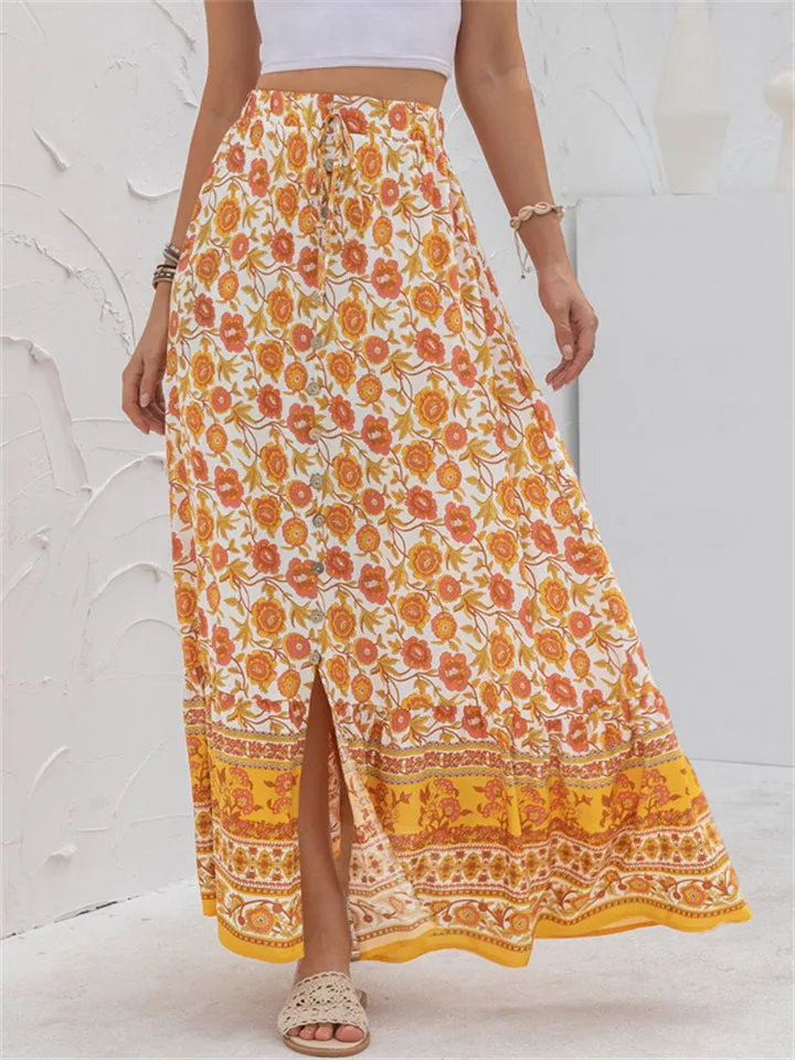 High Waist Casual Printed Split Long Skirts