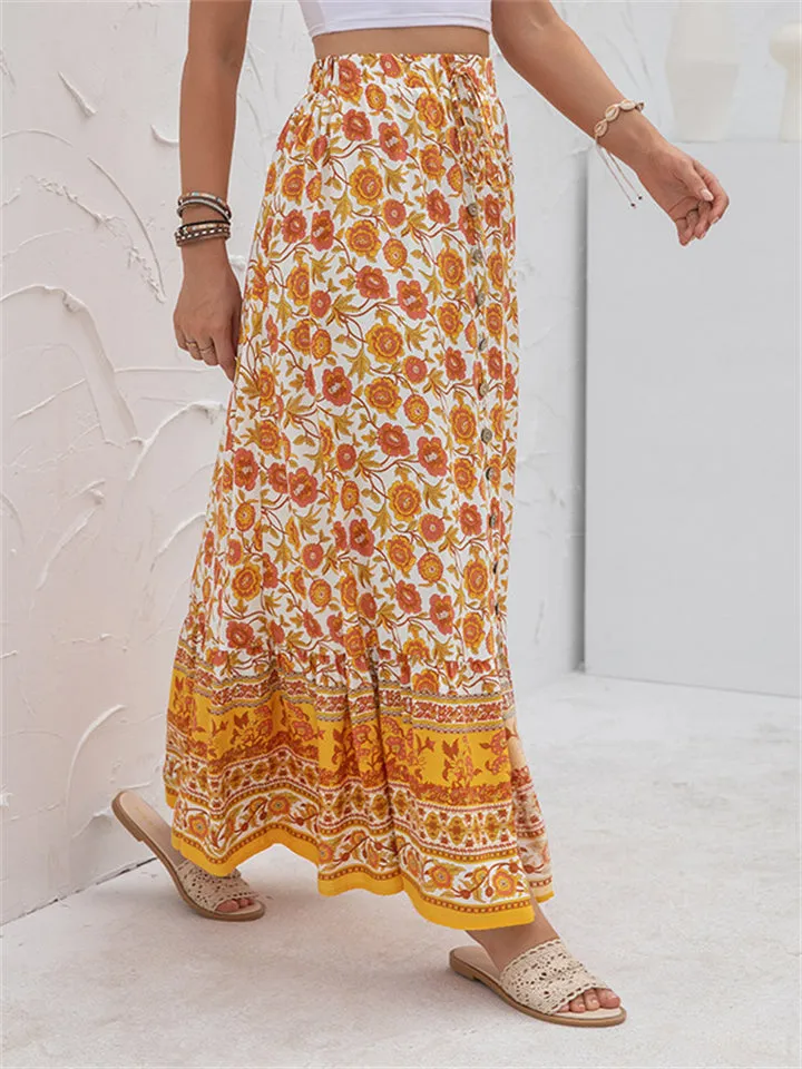 High Waist Casual Printed Split Long Skirts