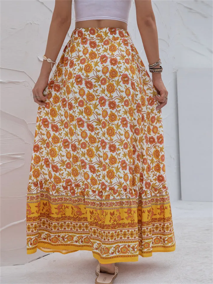 High Waist Casual Printed Split Long Skirts