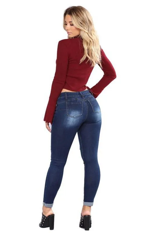 High Waist Ripped Hips Pencil Jeans