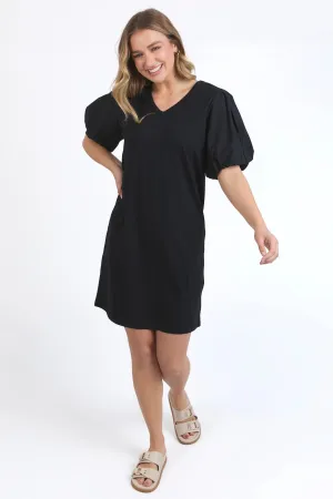 Joy Black Poplin Puff Sleeve Midi Dress