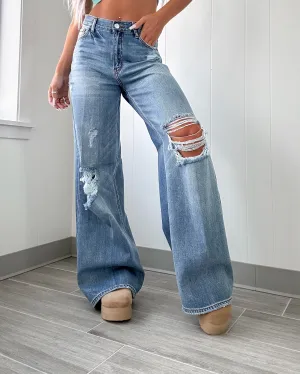Juno Distressed Wide Leg Jeans - Medium Wash