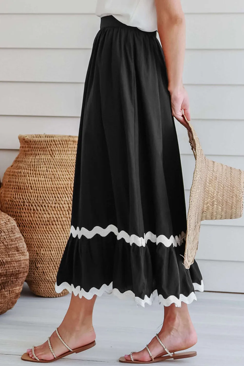 KaleaBoutique Ricrac Trim Colorblock High Waist Long Skirt