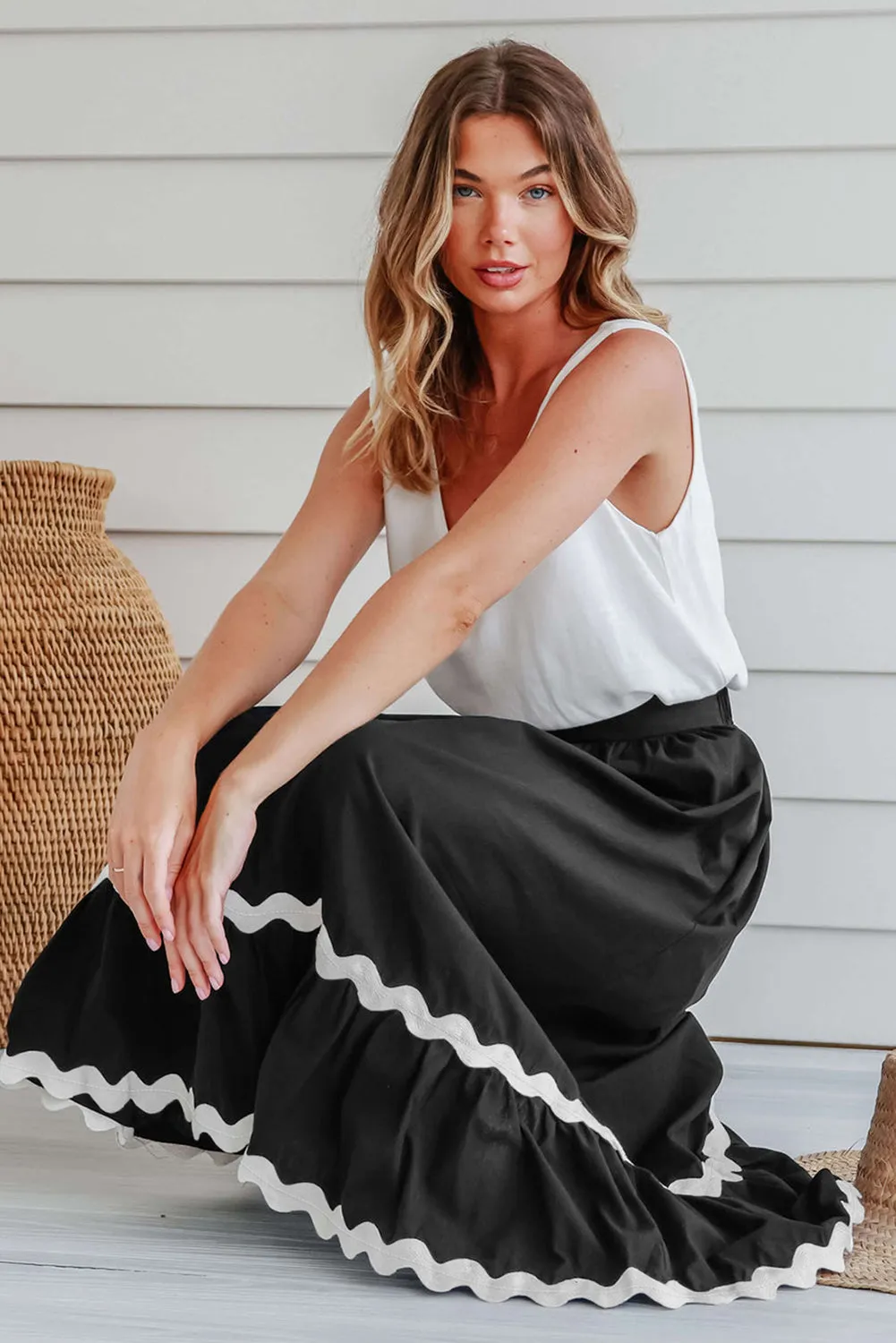 KaleaBoutique Ricrac Trim Colorblock High Waist Long Skirt