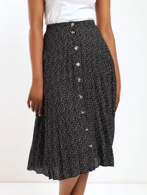 Ladies Button Through Pleated Skirt - Black