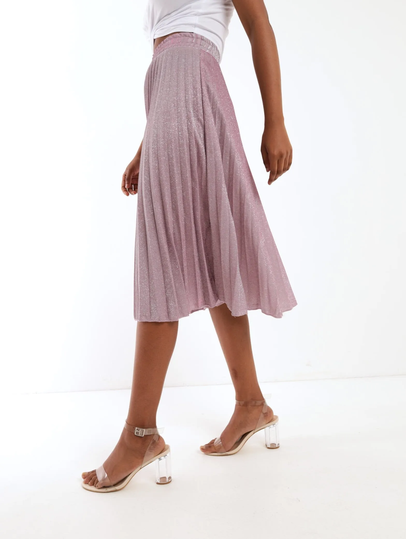 Ladies Pleated Lurex Skirt - Pink