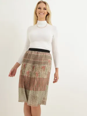 Ladies Pleated Patchwork Stripe Skirt - Sage