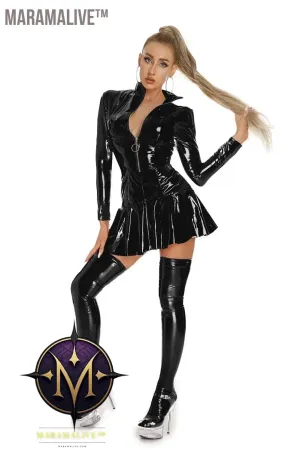 Latex Hollow Zipper Stand Up Collar A-Line Mini Pleated Skirt Latex Dresses Women's Wet PVC Leather Tight Bodycon Mini Dress