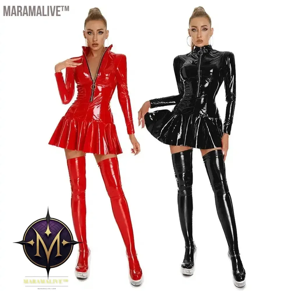 Latex Hollow Zipper Stand Up Collar A-Line Mini Pleated Skirt Latex Dresses Women's Wet PVC Leather Tight Bodycon Mini Dress