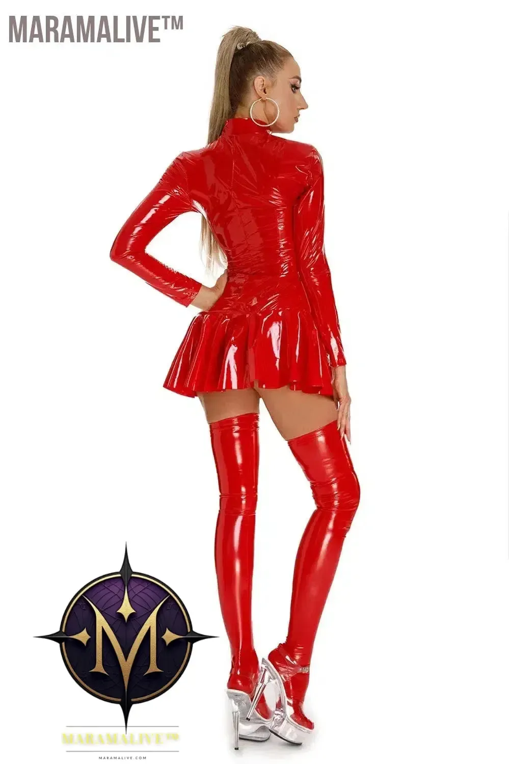 Latex Hollow Zipper Stand Up Collar A-Line Mini Pleated Skirt Latex Dresses Women's Wet PVC Leather Tight Bodycon Mini Dress