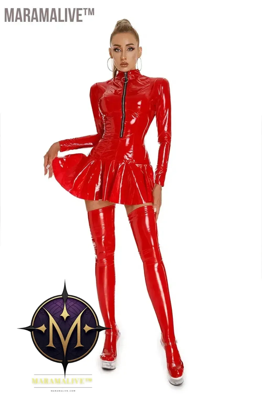Latex Hollow Zipper Stand Up Collar A-Line Mini Pleated Skirt Latex Dresses Women's Wet PVC Leather Tight Bodycon Mini Dress