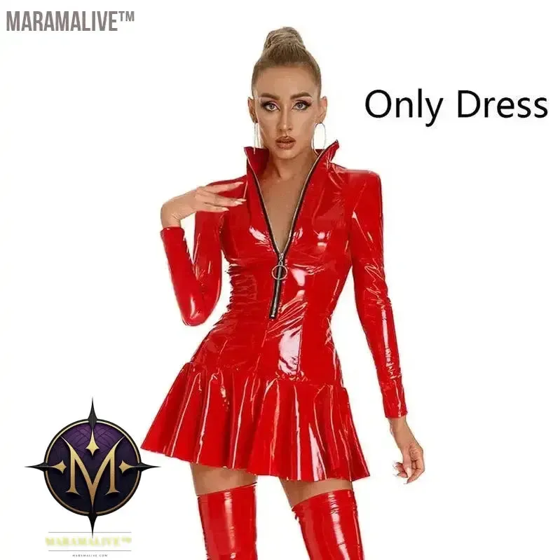 Latex Hollow Zipper Stand Up Collar A-Line Mini Pleated Skirt Latex Dresses Women's Wet PVC Leather Tight Bodycon Mini Dress