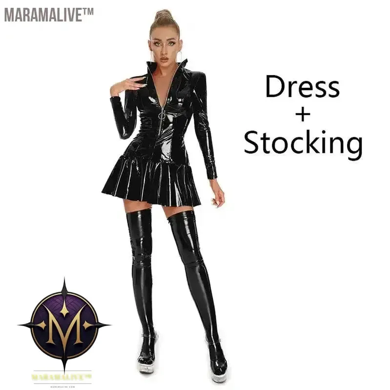 Latex Hollow Zipper Stand Up Collar A-Line Mini Pleated Skirt Latex Dresses Women's Wet PVC Leather Tight Bodycon Mini Dress