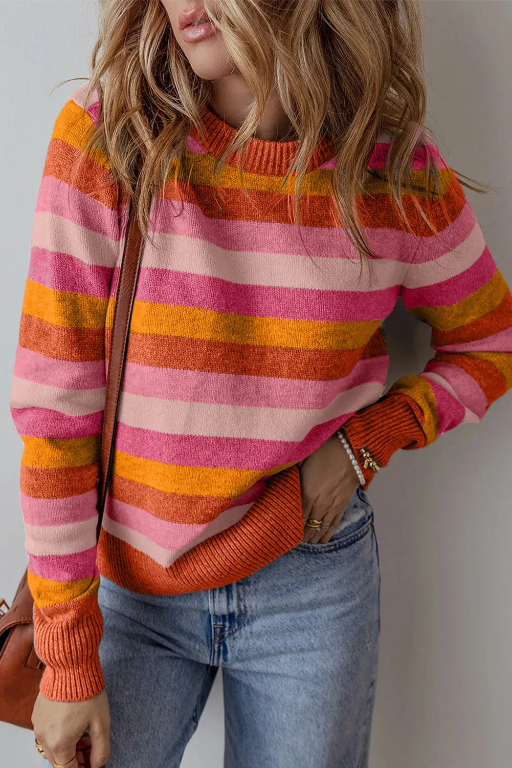 Leigh Striped Round Neck Long Sleeve Sweater