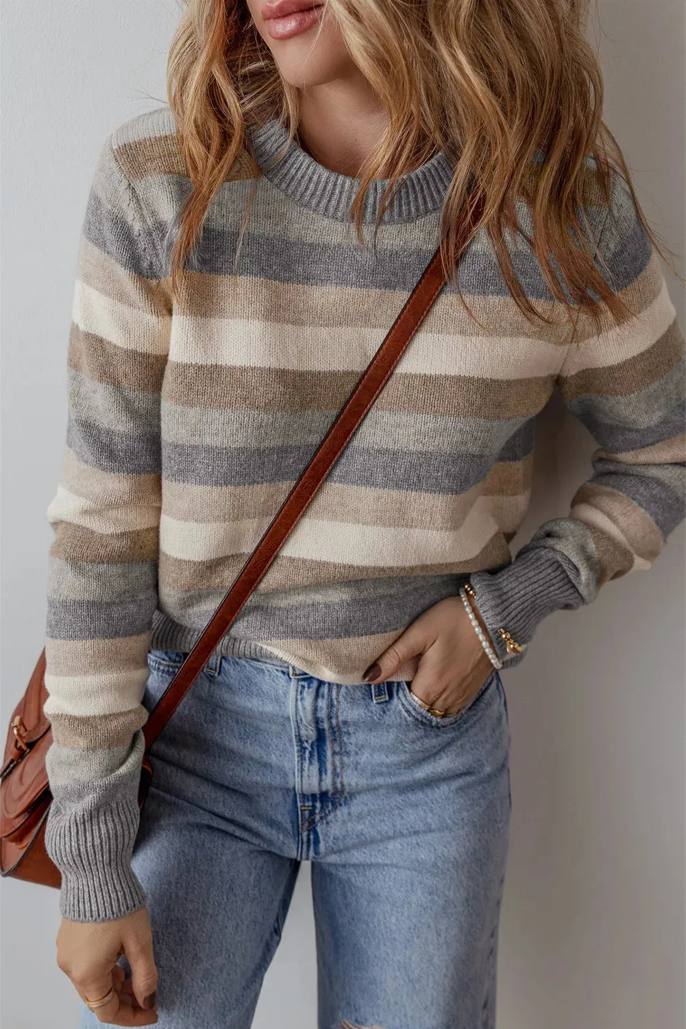 Leigh Striped Round Neck Long Sleeve Sweater