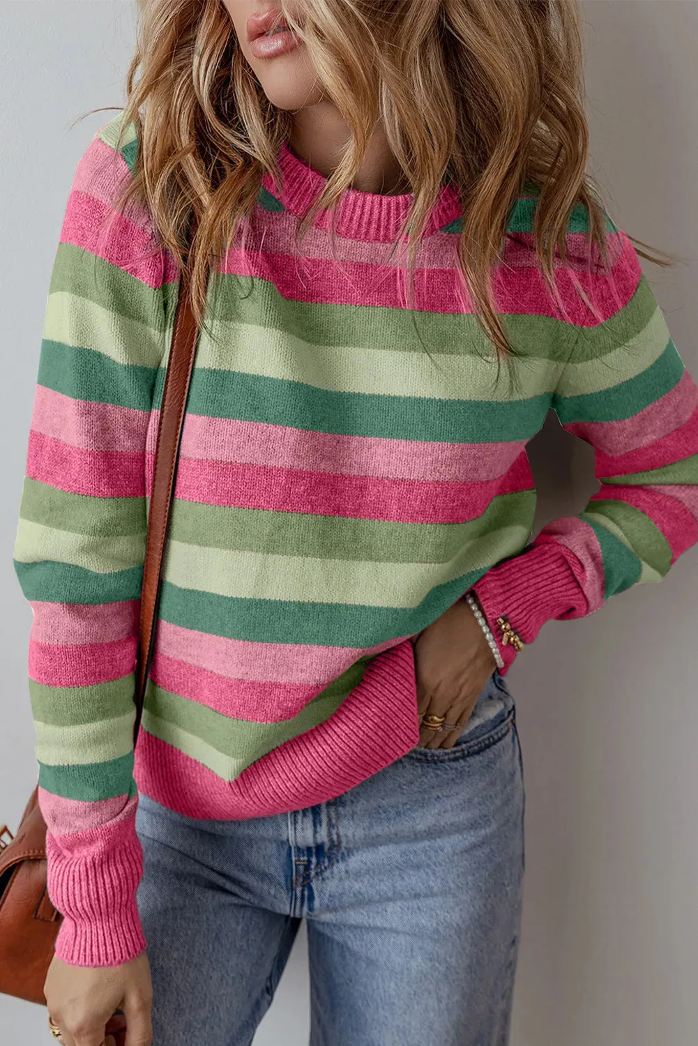 Leigh Striped Round Neck Long Sleeve Sweater