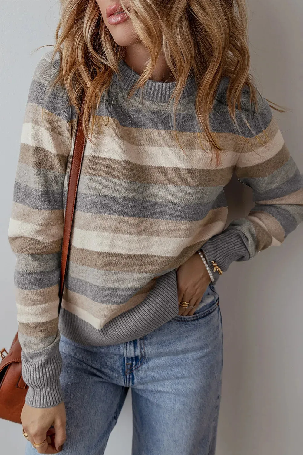 Leigh Striped Round Neck Long Sleeve Sweater