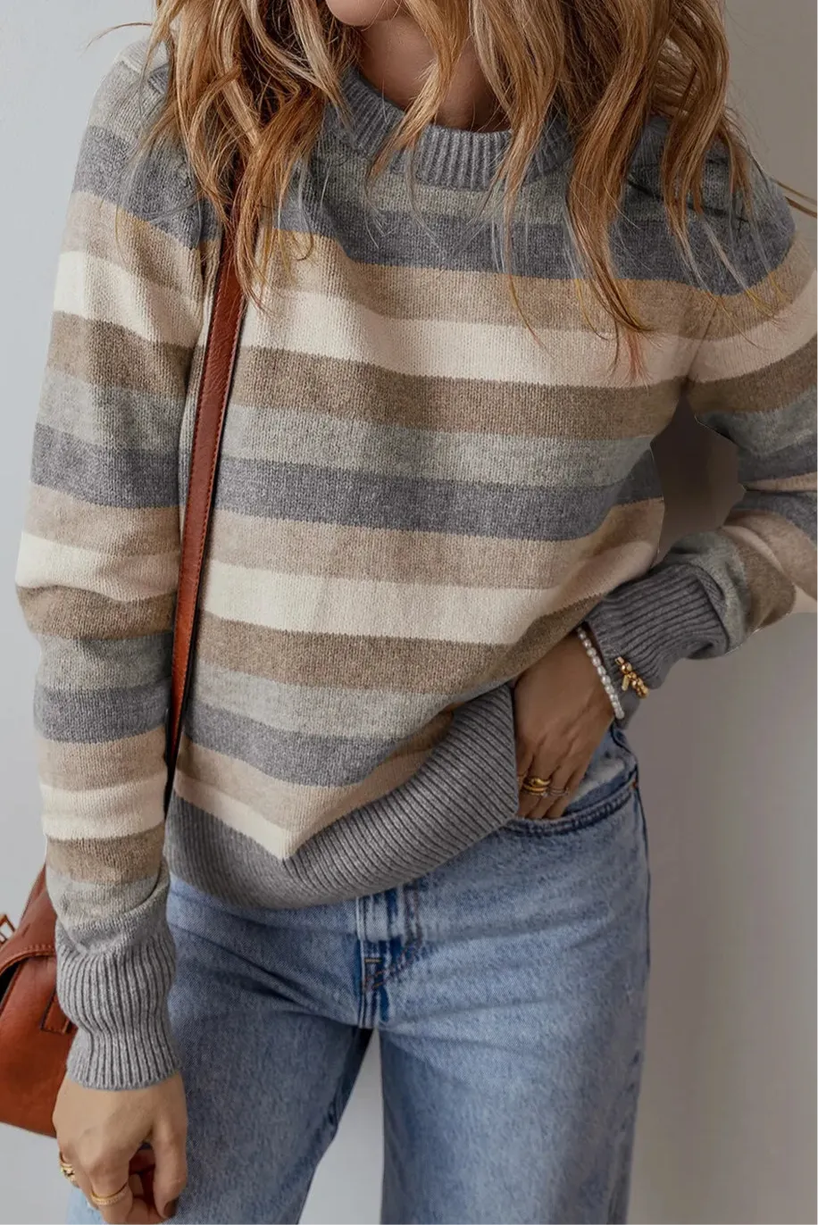 Leigh Striped Round Neck Long Sleeve Sweater