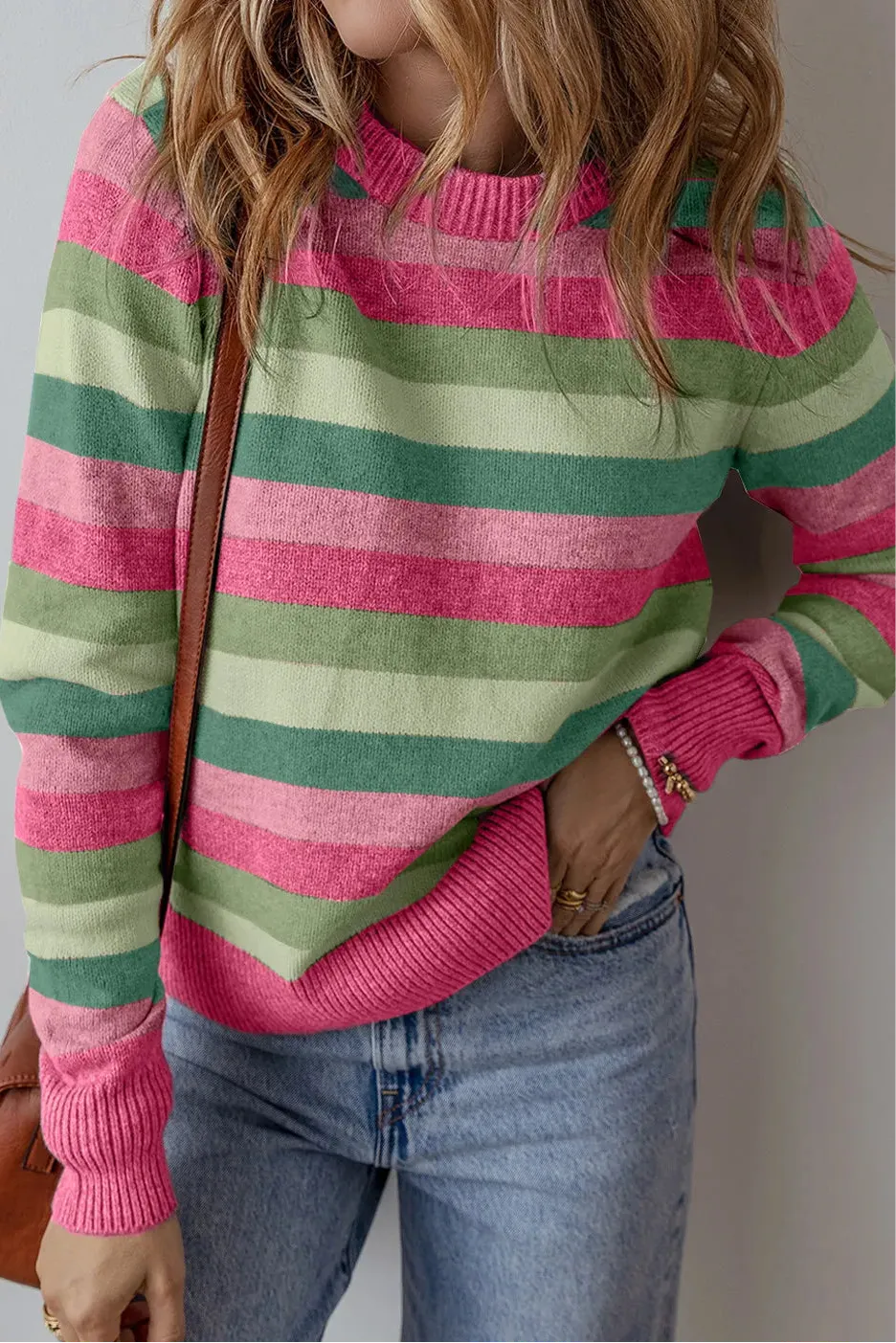 Leigh Striped Round Neck Long Sleeve Sweater