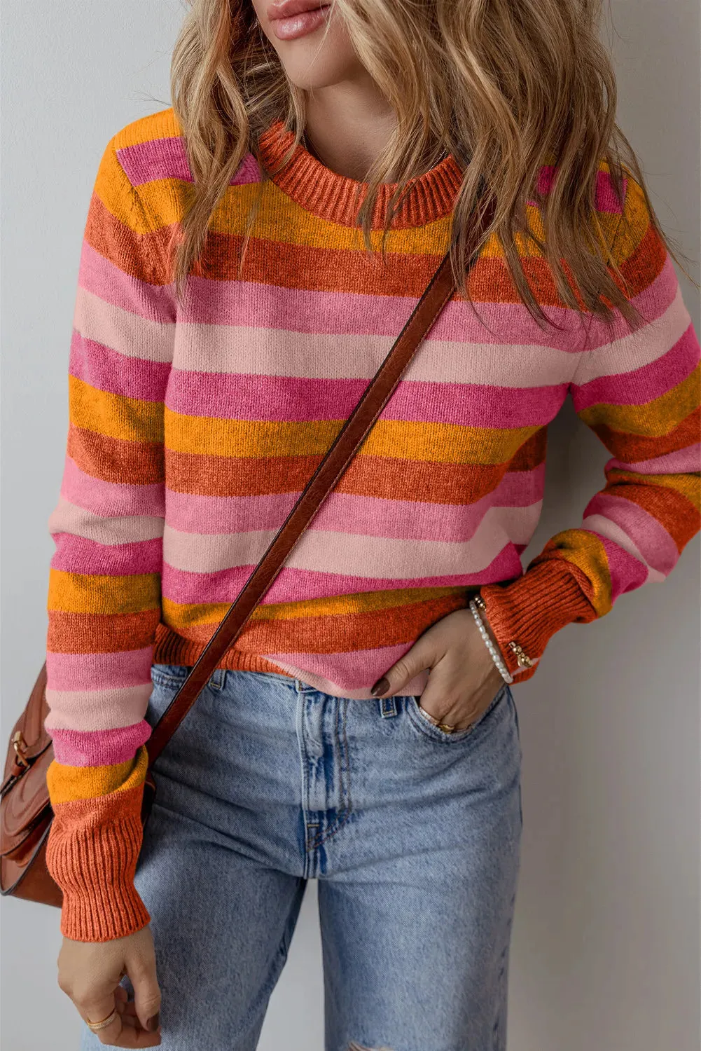Leigh Striped Round Neck Long Sleeve Sweater