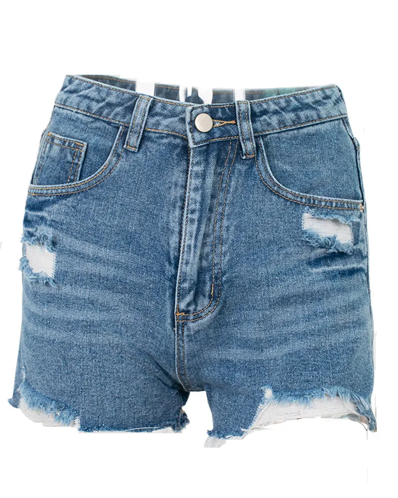 Light Blue Ripped Fringed Jean Shorts