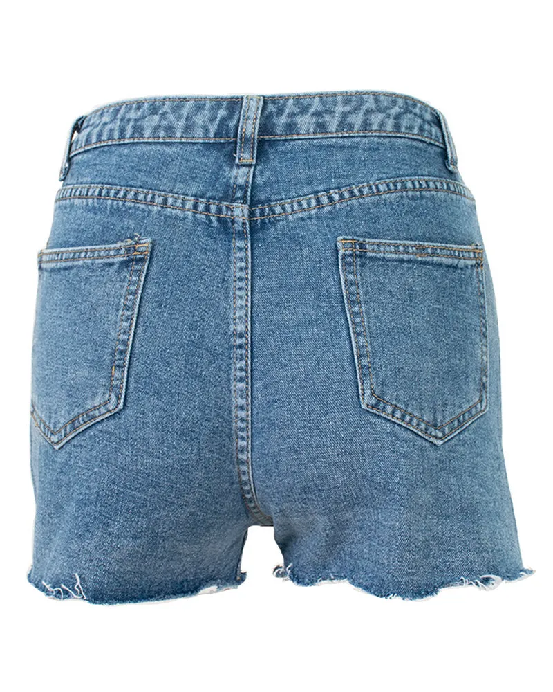 Light Blue Ripped Fringed Jean Shorts