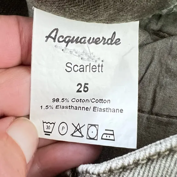 Like New Acquaverde Scarlett Mid Rise Raw Hem Skinny Jeans Fatigue Women’s Sz 25
