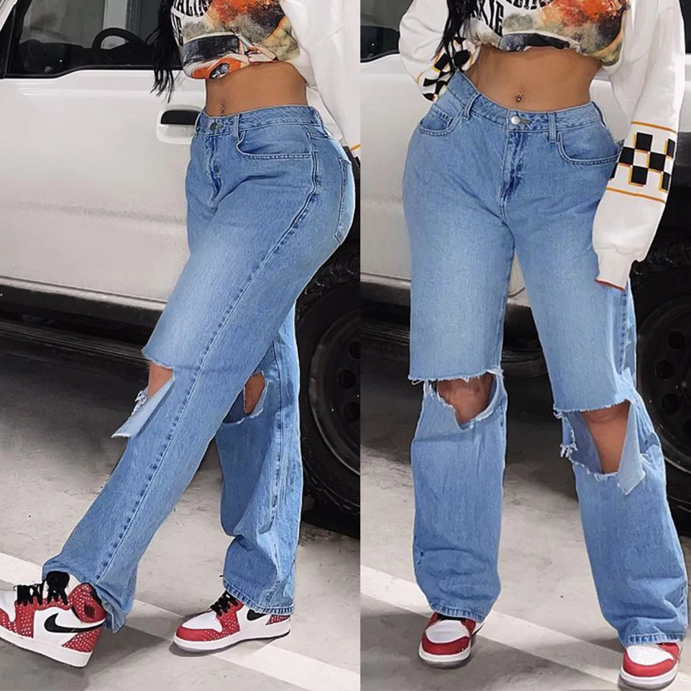Long Ripped Denim Jeans