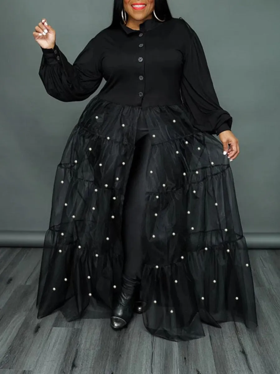 LW Plus Size See Through Ruffle Design Pearl Decor Trench Coat T-Shirts Print Women Tops Puff Long Sleeve Sexy Bulk Dropshipping