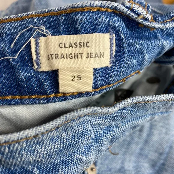 Madewell Classic Straight Jeans Corrie Blue Wash High Rise Ripped Torn Hem 25