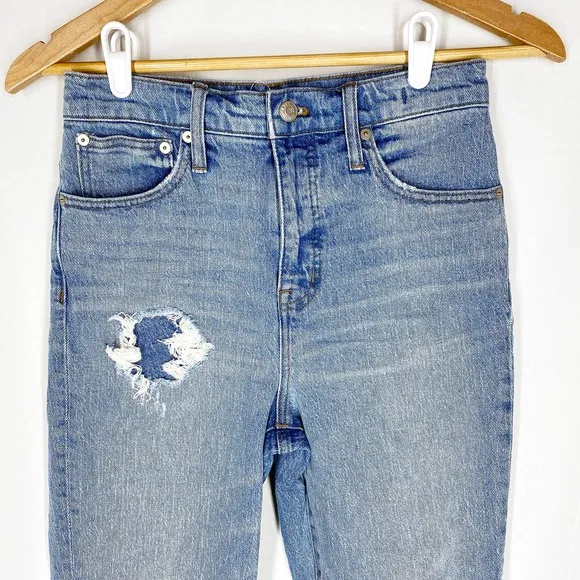 Madewell Classic Straight Jeans Corrie Blue Wash High Rise Ripped Torn Hem 25