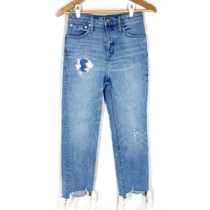 Madewell Classic Straight Jeans Corrie Blue Wash High Rise Ripped Torn Hem 25