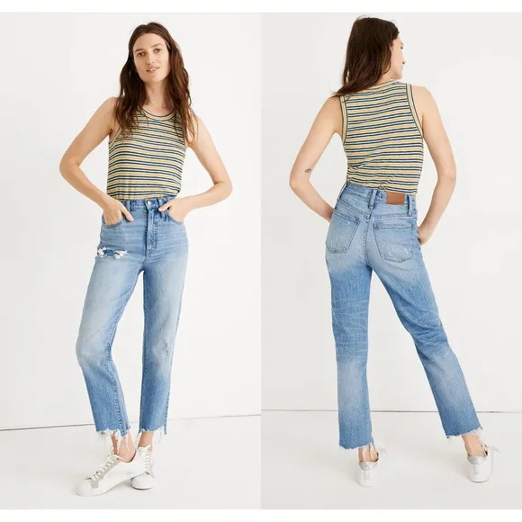 Madewell Classic Straight Jeans Corrie Blue Wash High Rise Ripped Torn Hem 25