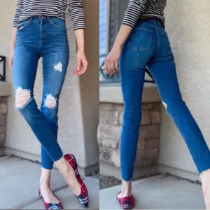 MARINE LAYER Distressed Ripped Medium Wash Stretch Denim High-Rise Skinny Jeans